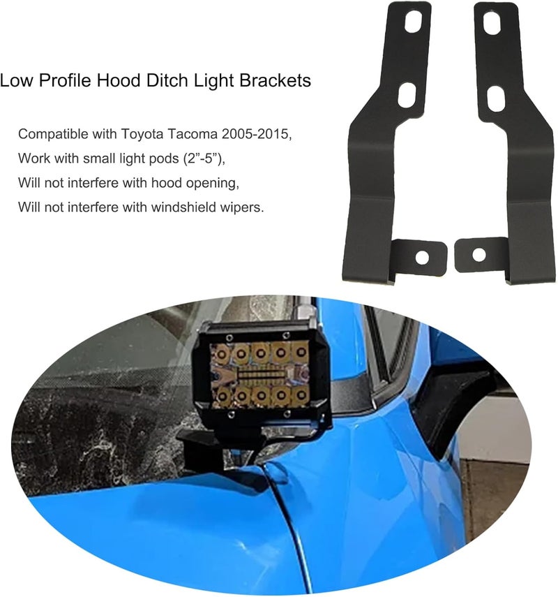 DarSeity Low Profile Mount Hood Hinges Ditch Light Brackets for Tacoma 2005-2015, for Auxiliary Off-Road Lighting - Image 2